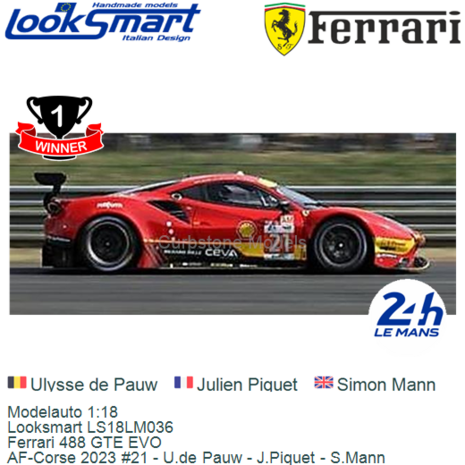 Modelauto 1:18 | Looksmart LS18LM036 | Ferrari 488 GTE EVO | AF-Corse 2023 #21 - U.de Pauw - J.Piquet - S.Mann