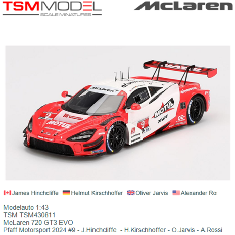 Modelauto 1:43 | TSM TSM430811 | McLaren 720 GT3 EVO | Pfaff Motorsport 2024 #9 - J.Hinchcliffe  - H.Kirschhoffer - O.Jarvis - 