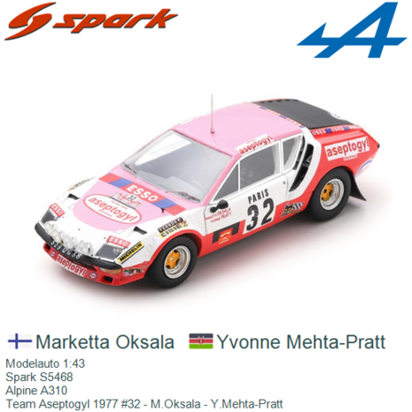 Modelauto 1:43 | Spark S5468 | Alpine A310 | Team Aseptogyl 1977 #32 - M.Oksala - Y.Mehta-Pratt