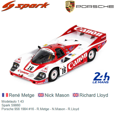 Modelauto 1:43 | Spark S9860 | Porsche 956 1984 #16 - R.Metge - N.Mason - R.Lloyd