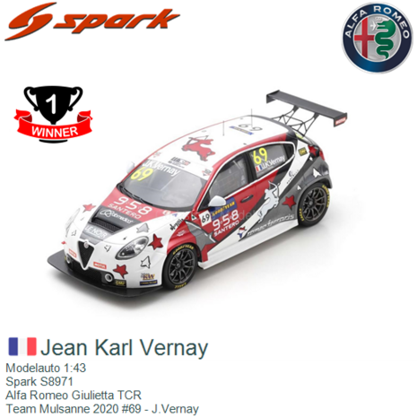 Modelauto 1:43 | Spark S8971 | Alfa Romeo Giulietta TCR | Team Mulsanne 2020 #69 - J.Vernay