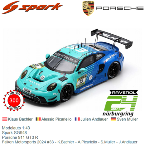 Modelauto 1:43 | Spark SG948 | Porsche 911 GT3 R | Falken Motorsports 2024 #33 - K.Bachler - A.Picariello - S.Muller - J.Andlau