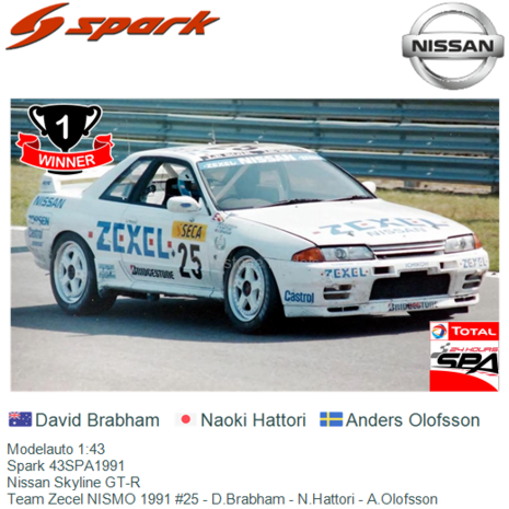 Modelauto 1:43 | Spark 43SPA1991 | Nissan Skyline GT-R | Team Zecel NISMO 1991 #25 - D.Brabham - N.Hattori - A.Olofsson