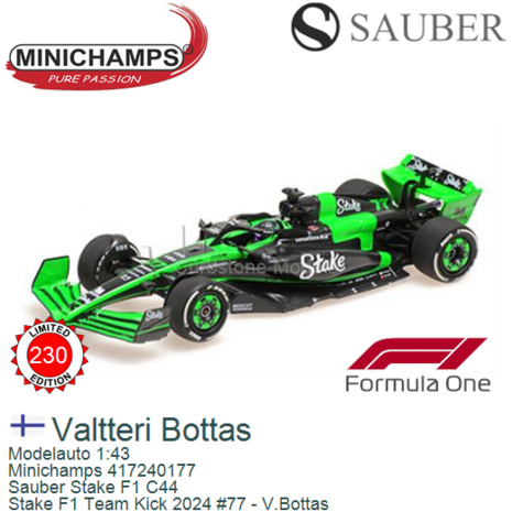 Modelauto 1:43 | Minichamps 417240177 | Sauber Stake F1 C44 | Stake F1 Team Kick 2024 #77 - V.Bottas