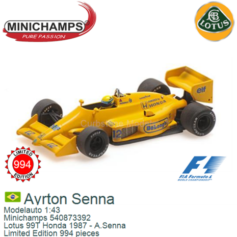 Modelauto 1:43 | Minichamps 540873392 | Lotus 99T Honda 1987 - A.Senna