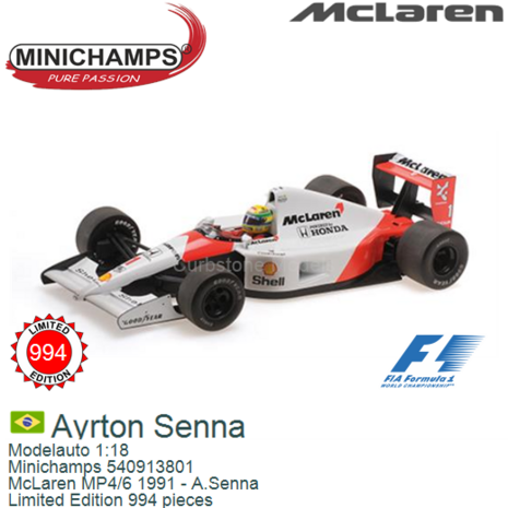 Modelauto 1:18 | Minichamps 540913801 | McLaren MP4/6 1991 - A.Senna