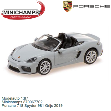 Modelauto 1:87 | Minichamps 870067702 | Porsche 718 Spyder 981 Grijs 2019