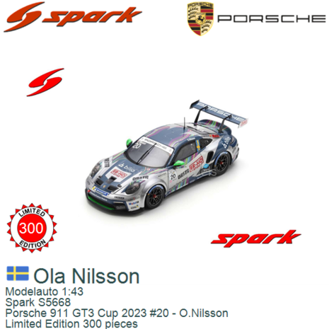 Modelauto 1:43 | Spark S5668 | Porsche 911 GT3 Cup 2023 #20 - O.Nilsson