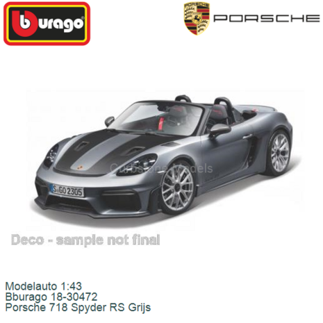 Modelauto 1:43 | Bburago 18-30472 | Porsche 718 Spyder RS Grijs