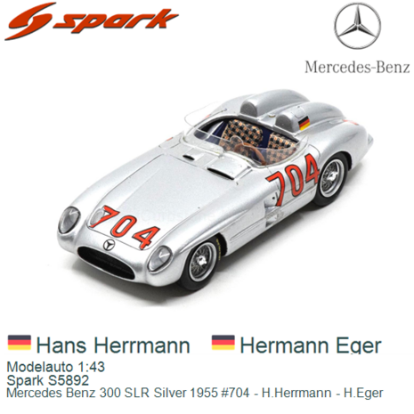 Modelauto 1:43 | Spark S5892 | Mercedes Benz 300 SLR Silver 1955 #704 - H.Herrmann - H.Eger