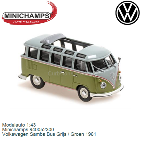 Modelauto 1:43 | Minichamps 940052300 | Volkswagen Samba Bus Grijs / Groen 1961