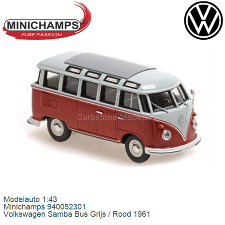 Modelauto 1:43 | Minichamps 940052301 | Volkswagen Samba Bus Grijs / Rood 1961