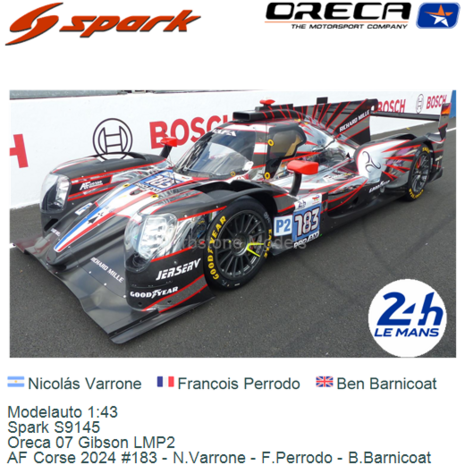 Modelauto 1:43 | Spark S9145 | Oreca 07 Gibson LMP2 | AF Corse 2024 #183 - N.Varrone - F.Perrodo - B.Barnicoat