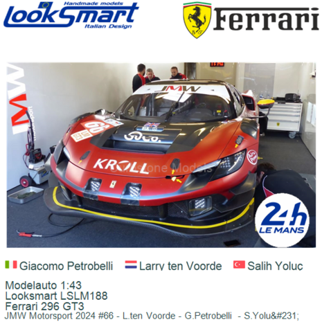 Modelauto 1:43 | Looksmart LSLM188 | Ferrari 296 GT3 | JMW Motorsport 2024 #66 - L.ten Voorde - G.Petrobelli  - S.Yolu&#231