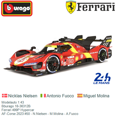 Modelauto 1:43 | Bburago 18-36312B | Ferrari 499P Hypercar | AF-Corse 2023 #50 - N.Nielsen - M.Molina - A.Fuoco