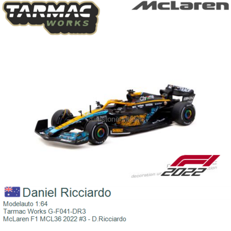 Modelauto 1:64 | Tarmac Works G-F041-DR3 | McLaren F1 MCL36 2022 #3 - D.Ricciardo