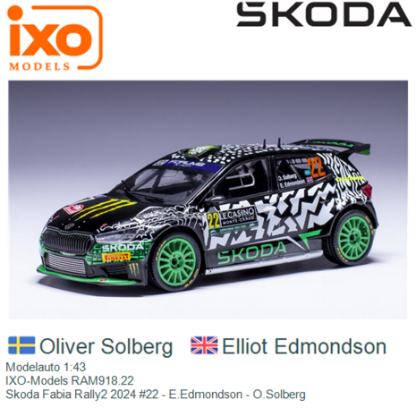 Modelauto 1:43 | IXO-Models RAM918.22 | Skoda Fabia Rally2 2024 #22 - E.Edmondson - O.Solberg