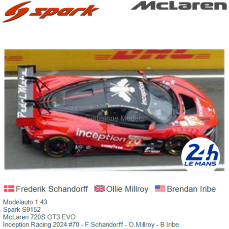 Modelauto 1:43 | Spark S9152 | McLaren 720S GT3 EVO | Inception Racing 2024 #70 - F.Schandorff - O.Millroy - B.Iribe