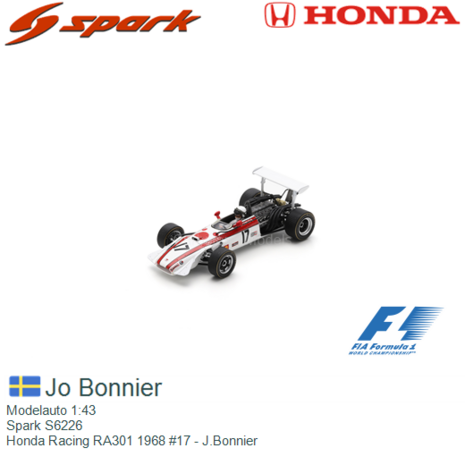 Modelauto 1:43 | Spark S6226 | Honda Racing RA301 1968 #17 - J.Bonnier