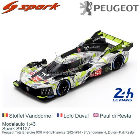 Modelauto 1:43 | Spark S9127 | Peugeot TotalEnergies 9X8 Hybrid Hypercar 2024 #94 - S.Vandoorne - L.Duval - P.di Resta