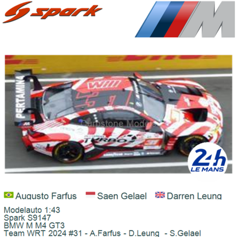 Modelauto 1:43 | Spark S9147 | BMW M M4 GT3 | Team WRT 2024 #31 - A.Farfus - D.Leung  - S.Gelael