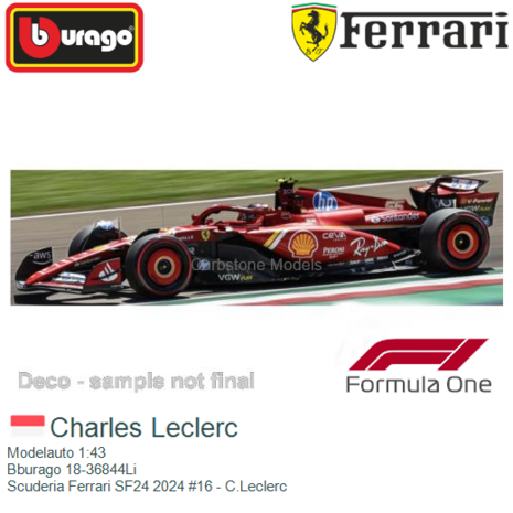 Modelauto 1:43 | Bburago 18-36844Li | Scuderia Ferrari SF24 2024 #16 - C.Leclerc