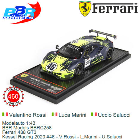 Modelauto 1:43 | BBR Models BBRC258 | Ferrari 488 GT3 | Kessel Racing 2020 #46 - V.Rossi - L.Marini - U.Salucci