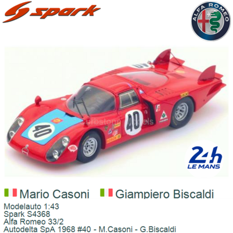 Modelauto 1:43 | Spark S4368 | Alfa Romeo 33/2 | Autodelta SpA 1968 #40 - M.Casoni - G.Biscaldi