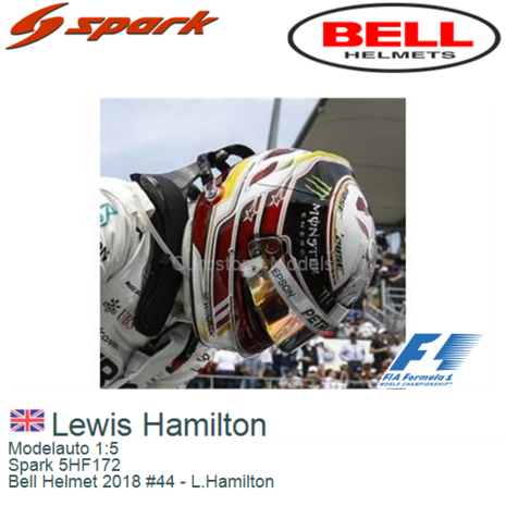 Modelauto 1:5 | Spark 5HF172 | Bell Helmet 2018 #44 - L.Hamilton