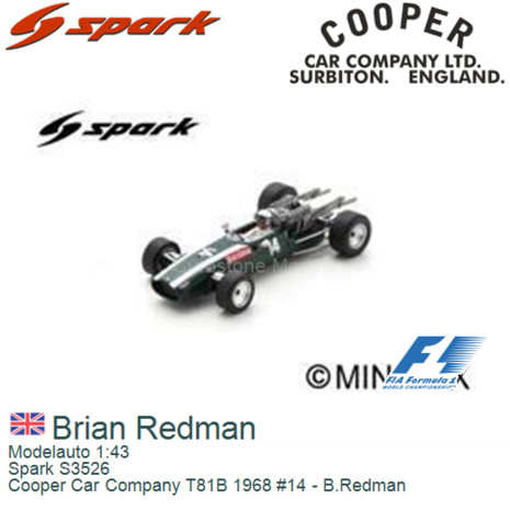 Modelauto 1:43 | Spark S3526 | Cooper Car Company T81B 1968 #14 - B.Redman