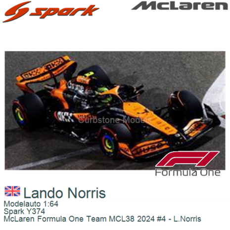 Modelauto 1:64 | Spark Y374 | McLaren Formula One Team MCL38 2024 #4 - L.Norris