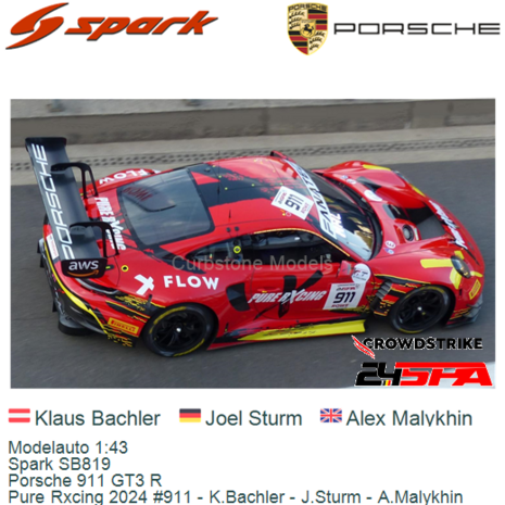 Modelauto 1:43 | Spark SB819 | Porsche 911 GT3 R | Pure Rxcing 2024 #911 - K.Bachler - J.Sturm - A.Malykhin