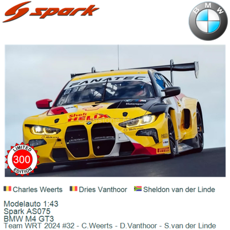 Modelauto 1:43 | Spark AS075 | BMW M4 GT3 | Team WRT 2024 #32 - C.Weerts - D.Vanthoor - S.van der Linde