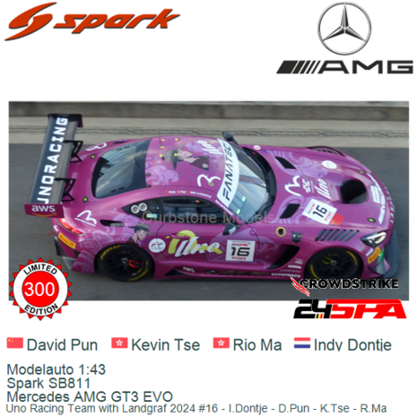 Modelauto 1:43 | Spark SB811 | Mercedes AMG GT3 EVO | Uno Racing Team with Landgraf 2024 #16 - I.Dontje - D.Pun - K.Tse - R.Ma