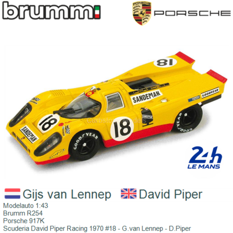 Modelauto 1:43 | Brumm R254 | Porsche 917K | Scuderia David Piper Racing 1970 #18 - G.van Lennep - D.Piper