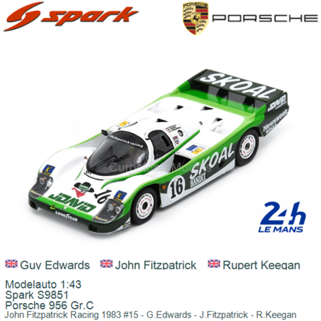 Modelauto 1:43 | Spark S9851 | Porsche 956 Gr.C | John Fitzpatrick Racing 1983 #15 - G.Edwards - J.Fitzpatrick - R.Keegan