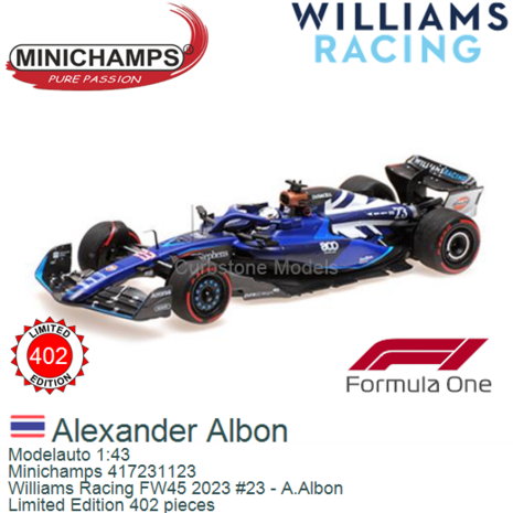 Modelauto 1:43 | Minichamps 417231123 | Williams Racing FW45 2023 #23 - A.Albon