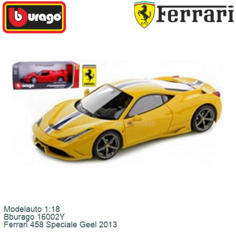 Modelauto 1:18 | Bburago 16002Y | Ferrari 458 Speciale Geel 2013