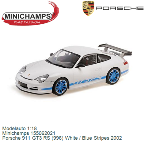 Modelauto 1:18 | Minichamps 155062021 | Porsche 911 GT3 RS (996) White / Blue Stripes 2002