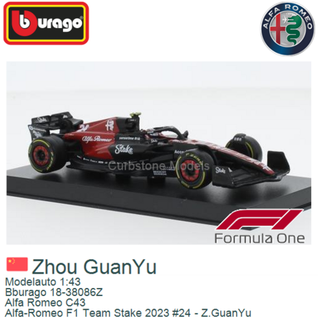 Modelauto 1:43 | Bburago 18-38086Z | Alfa Romeo C43 | Alfa-Romeo F1 Team Stake 2023 #24 - Z.GuanYu