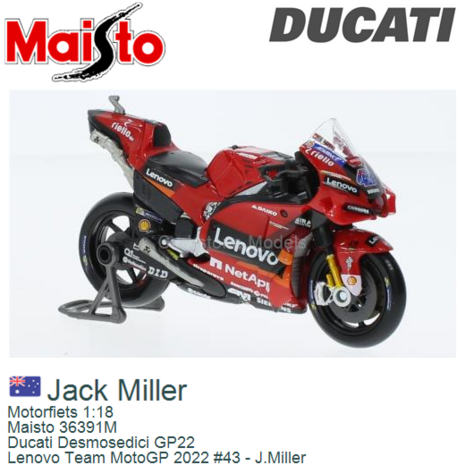 Motorfiets 1:18 | Maisto 36391M | Ducati Desmosedici GP22 | Lenovo Team MotoGP 2022 #43 - J.Miller