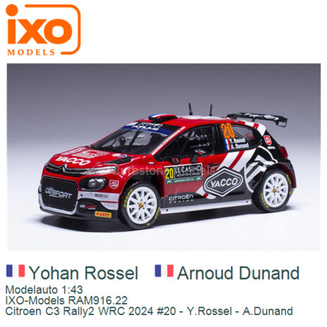 Modelauto 1:43 | IXO-Models RAM916.22 | Citroen C3 Rally2 WRC 2024 #20 - Y.Rossel - A.Dunand 