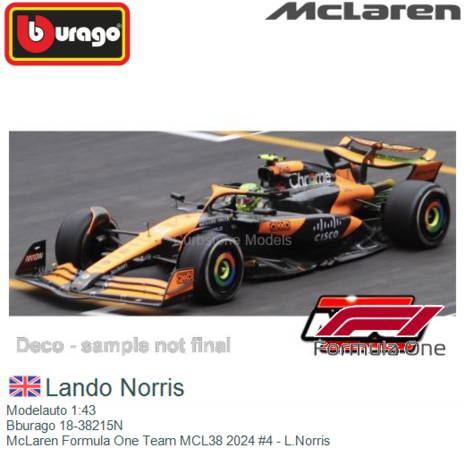 Modelauto 1:43 | Bburago 18-38215N | McLaren Formula One Team MCL38 2024 #4 - L.Norris