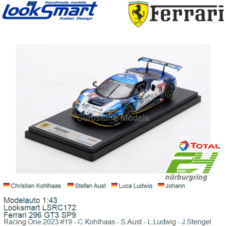 Modelauto 1:43 | Looksmart LSRC172 | Ferrari 296 GT3 SP9 | Racing One 2023 #19 - C.Kohlhaas - S.Aust - L.Ludwig - J.Stengel 