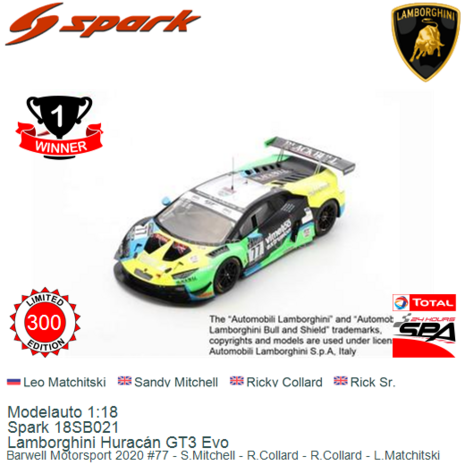 Modelauto 1:18 | Spark 18SB021 | Lamborghini Huracán GT3 Evo | Barwell Motorsport 2020 #77 - S.Mitchell - R.Collard - R.Co