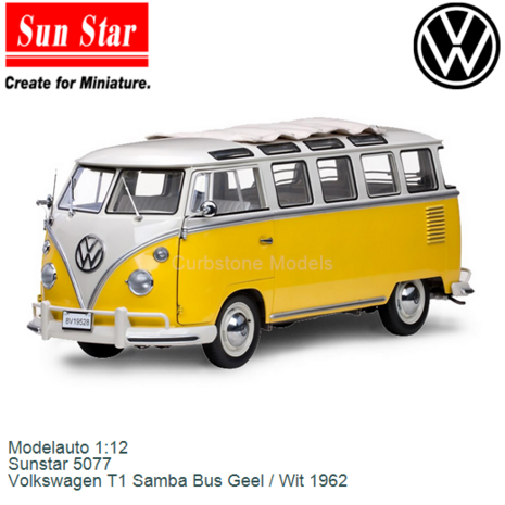 Modelauto 1:12 | Sunstar 5077 | Volkswagen T1 Samba Bus Geel / Wit 1962