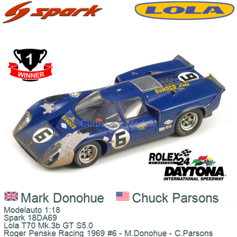 Modelauto 1:18 | Spark 18DA69 | Lola T70 Mk.3b GT S5.0 | Roger Penske Racing 1969 #6 - M.Donohue - C.Parsons