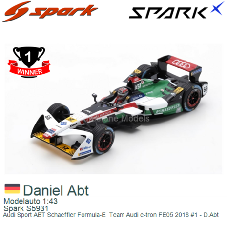 Modelauto 1:43 | Spark S5931 | Audi Sport ABT Schaeffler Formula-E  Team Audi e-tron FE05 2018 #1 - D.Abt