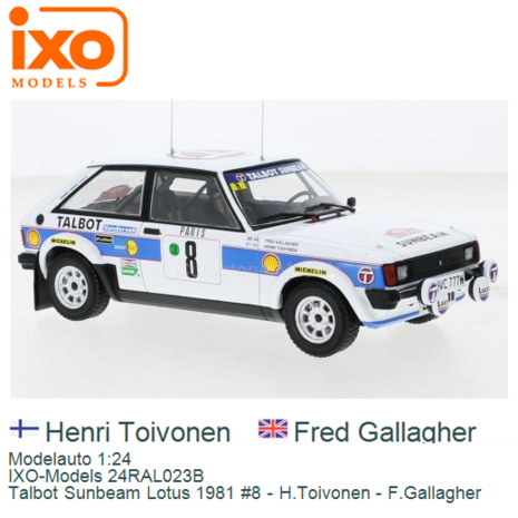 Modelauto 1:24 | IXO-Models 24RAL023B | Talbot Sunbeam Lotus 1981 #8 - H.Toivonen - F.Gallagher