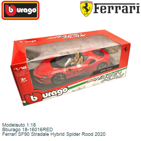 Modelauto 1:18 | Bburago 18-16016RED | Ferrari SF90 Stradale Hybrid Spider Rood 2020